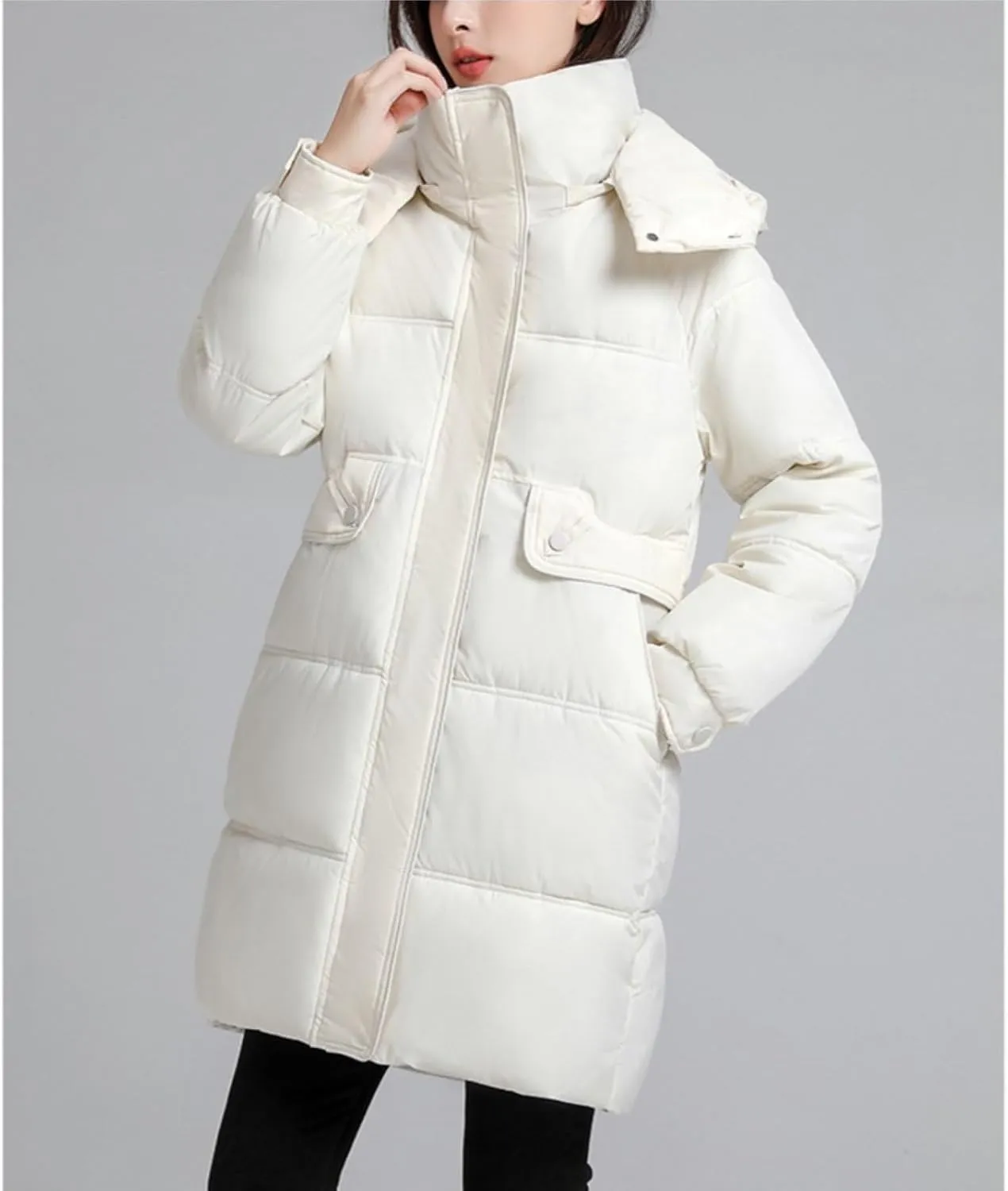 Women's Mid Length Puffer Coat Hooded Windproof Down Jacket Cotton-Padded Warm Winter Outwear