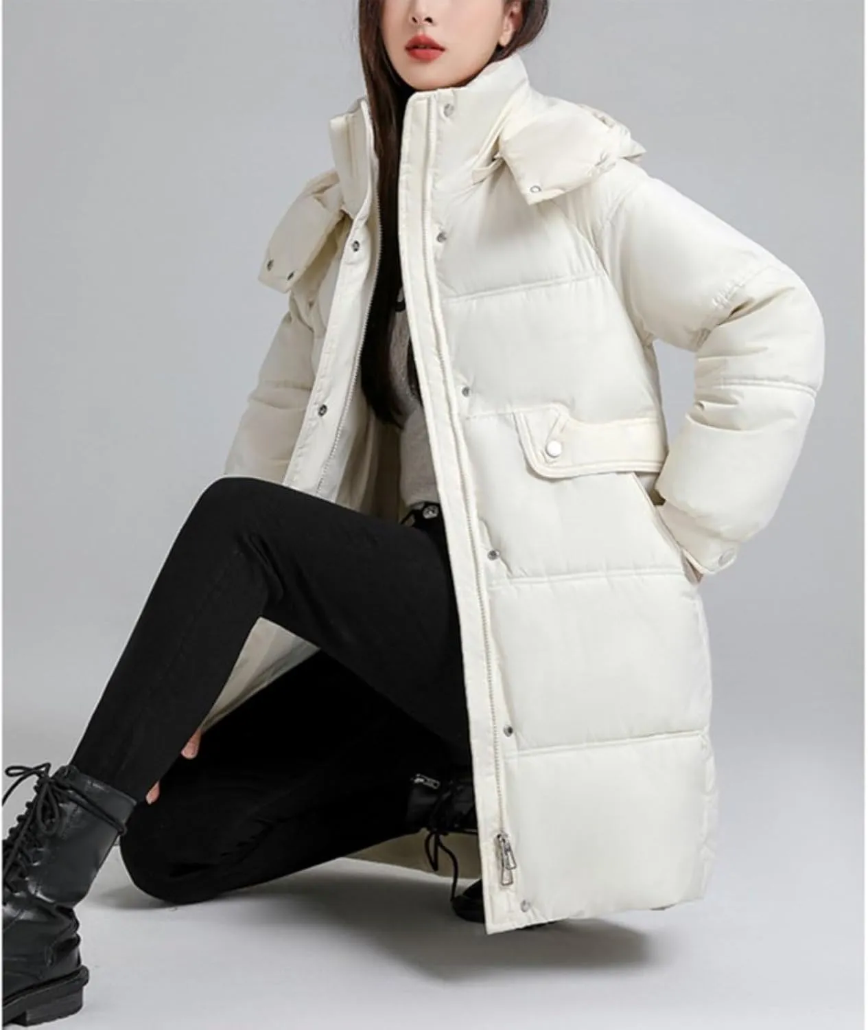 Women's Mid Length Puffer Coat Hooded Windproof Down Jacket Cotton-Padded Warm Winter Outwear