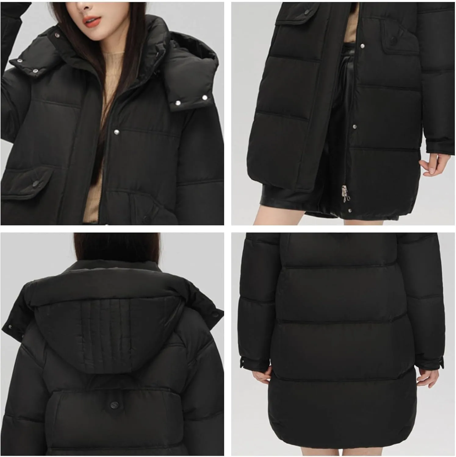 Women's Mid Length Puffer Coat Hooded Windproof Down Jacket Cotton-Padded Warm Winter Outwear