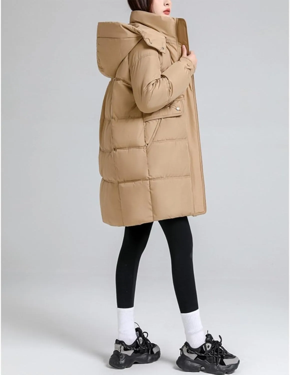 Women's Mid Length Puffer Coat Hooded Windproof Down Jacket Cotton-Padded Warm Winter Outwear