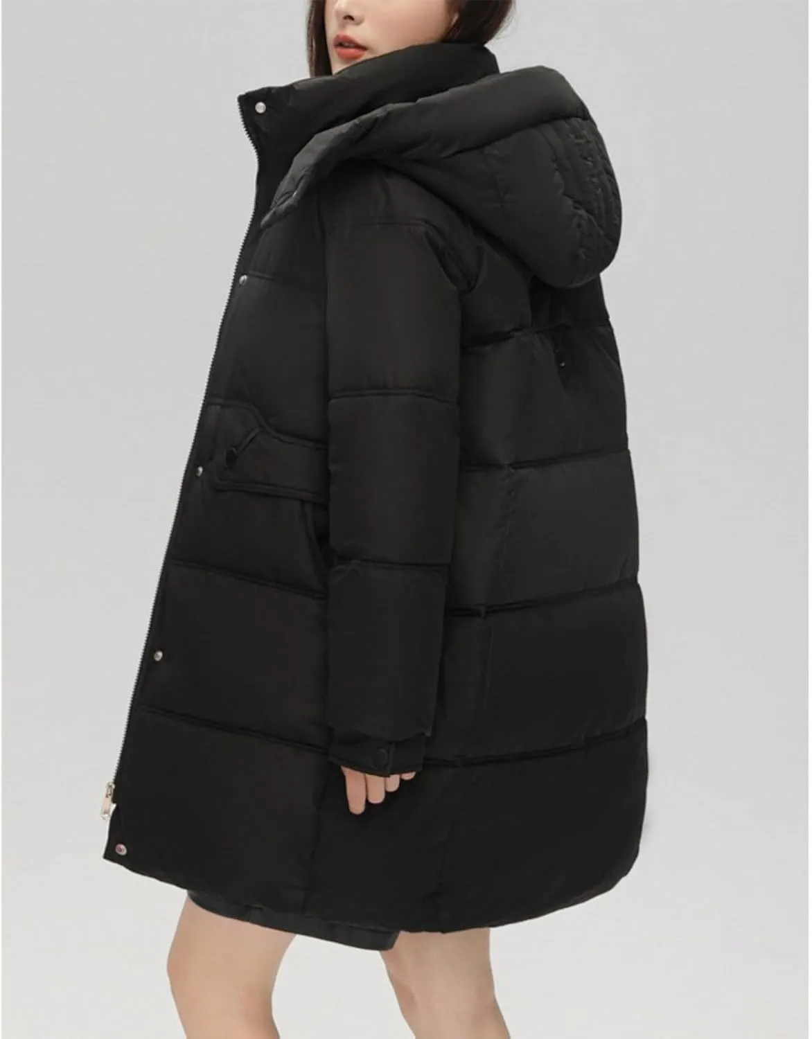Women's Mid Length Puffer Coat Hooded Windproof Down Jacket Cotton-Padded Warm Winter Outwear