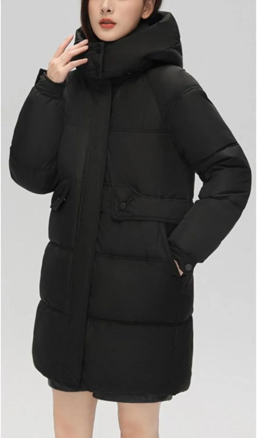 Women's Mid Length Puffer Coat Hooded Windproof Down Jacket Cotton-Padded Warm Winter Outwear