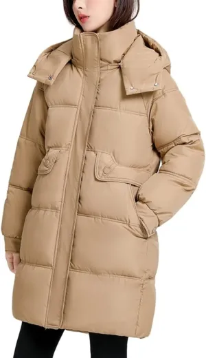 Women's Mid Length Puffer Coat Hooded Windproof Down Jacket Cotton-Padded Warm Winter Outwear