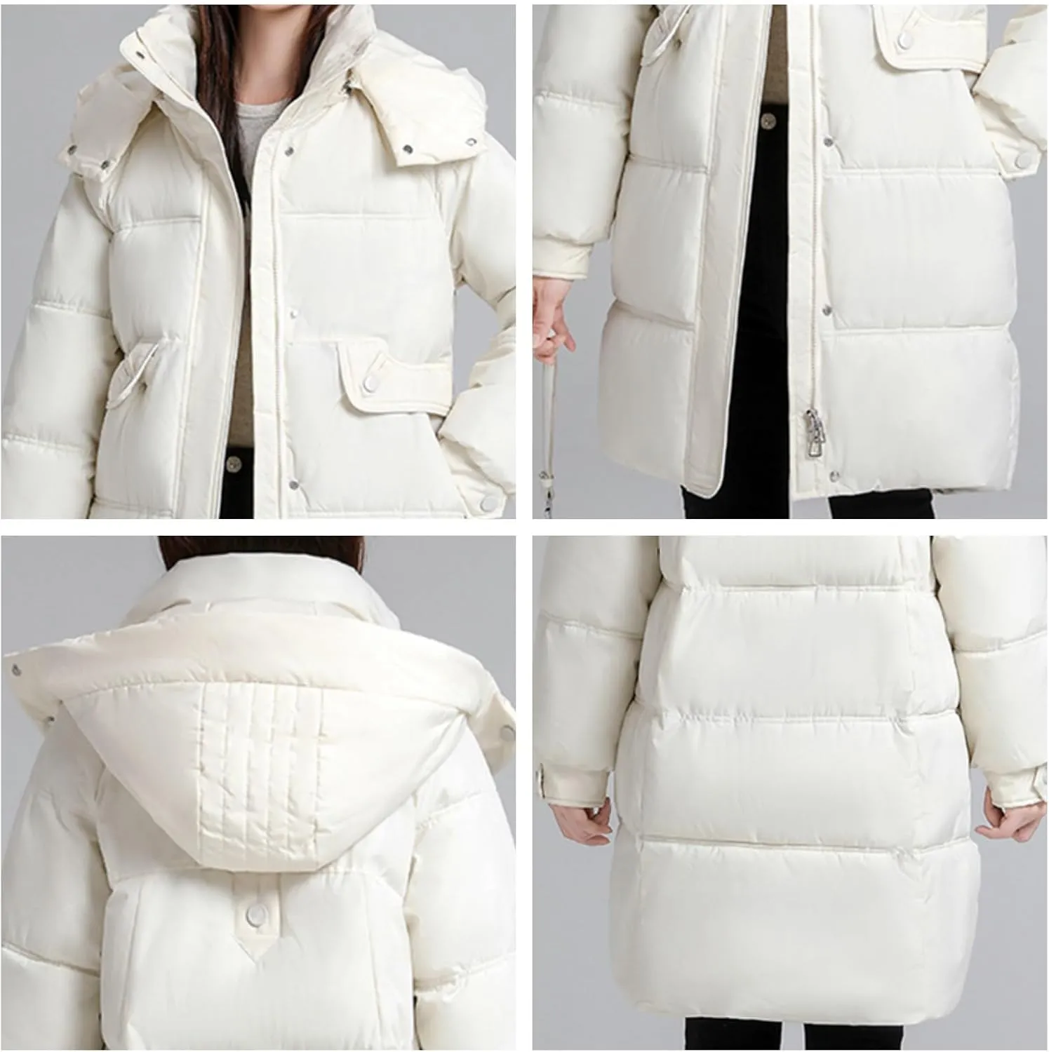 Women's Mid Length Puffer Coat Hooded Windproof Down Jacket Cotton-Padded Warm Winter Outwear