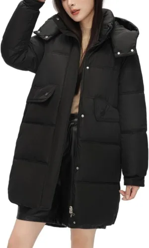 Women's Mid Length Puffer Coat Hooded Windproof Down Jacket Cotton-Padded Warm Winter Outwear