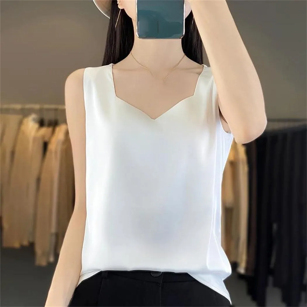 Women's Mulberry-Silk Vest Summer Sleeveless Silk Thin Loose V-Neck Tank Tops