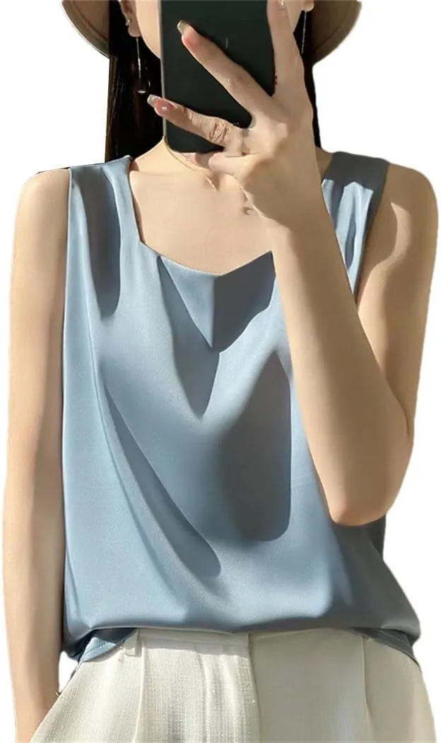 Women's Mulberry-Silk Vest Summer Sleeveless Silk Thin Loose V-Neck Tank Tops