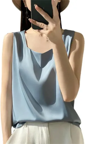 Women's Mulberry-Silk Vest Summer Sleeveless Silk Thin Loose V-Neck Tank Tops