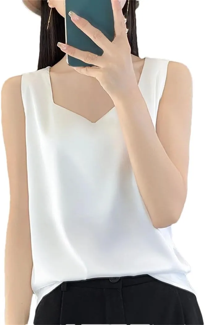 Women's Mulberry-Silk Vest Summer Sleeveless Silk Thin Loose V-Neck Tank Tops
