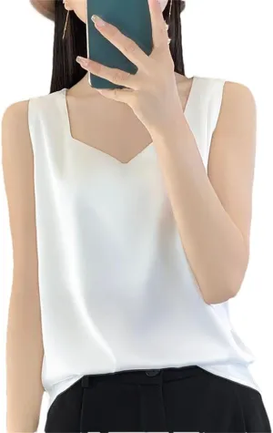 Women's Mulberry-Silk Vest Summer Sleeveless Silk Thin Loose V-Neck Tank Tops