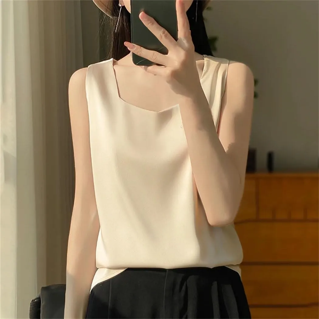 Women's Mulberry-Silk Vest Summer Sleeveless Silk Thin Loose V-Neck Tank Tops