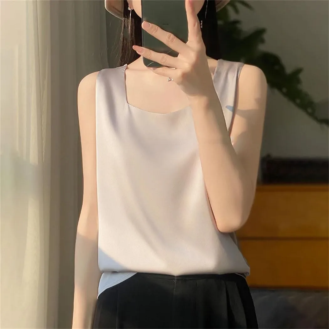 Women's Mulberry-Silk Vest Summer Sleeveless Silk Thin Loose V-Neck Tank Tops