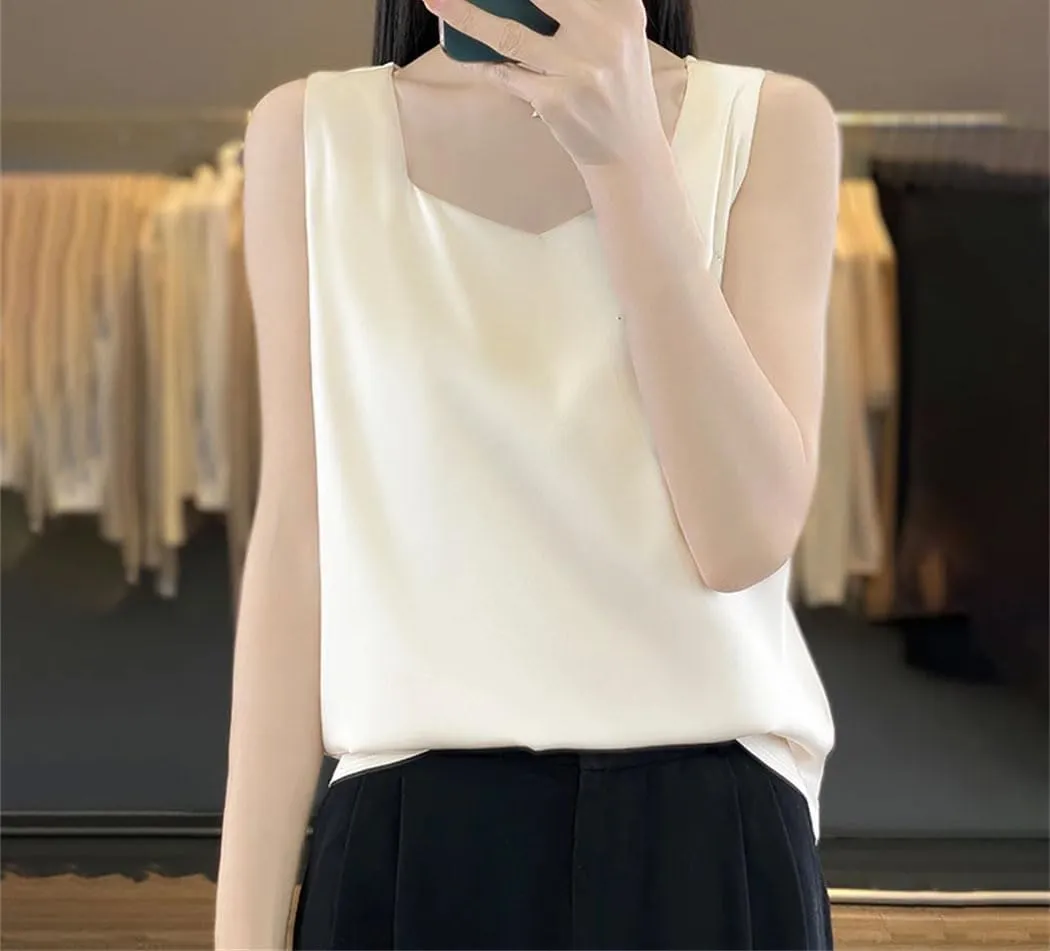 Women's Mulberry-Silk Vest Summer Sleeveless Silk Thin Loose V-Neck Tank Tops