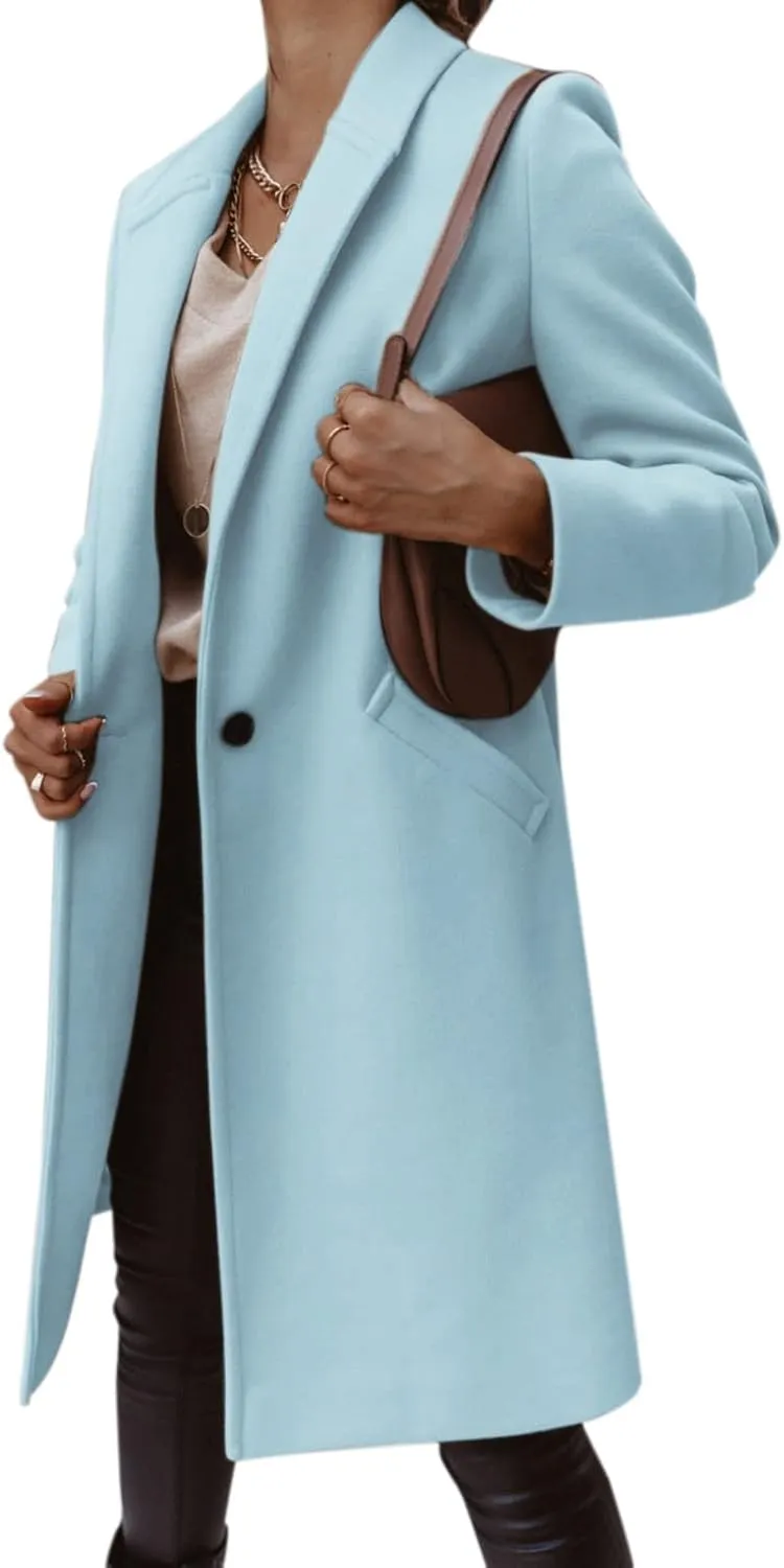 Womens Notch Lapel Cotton Blend Coat Winter Open Front Single Breasted Mid-Long Business Casual Blazers with Pockets