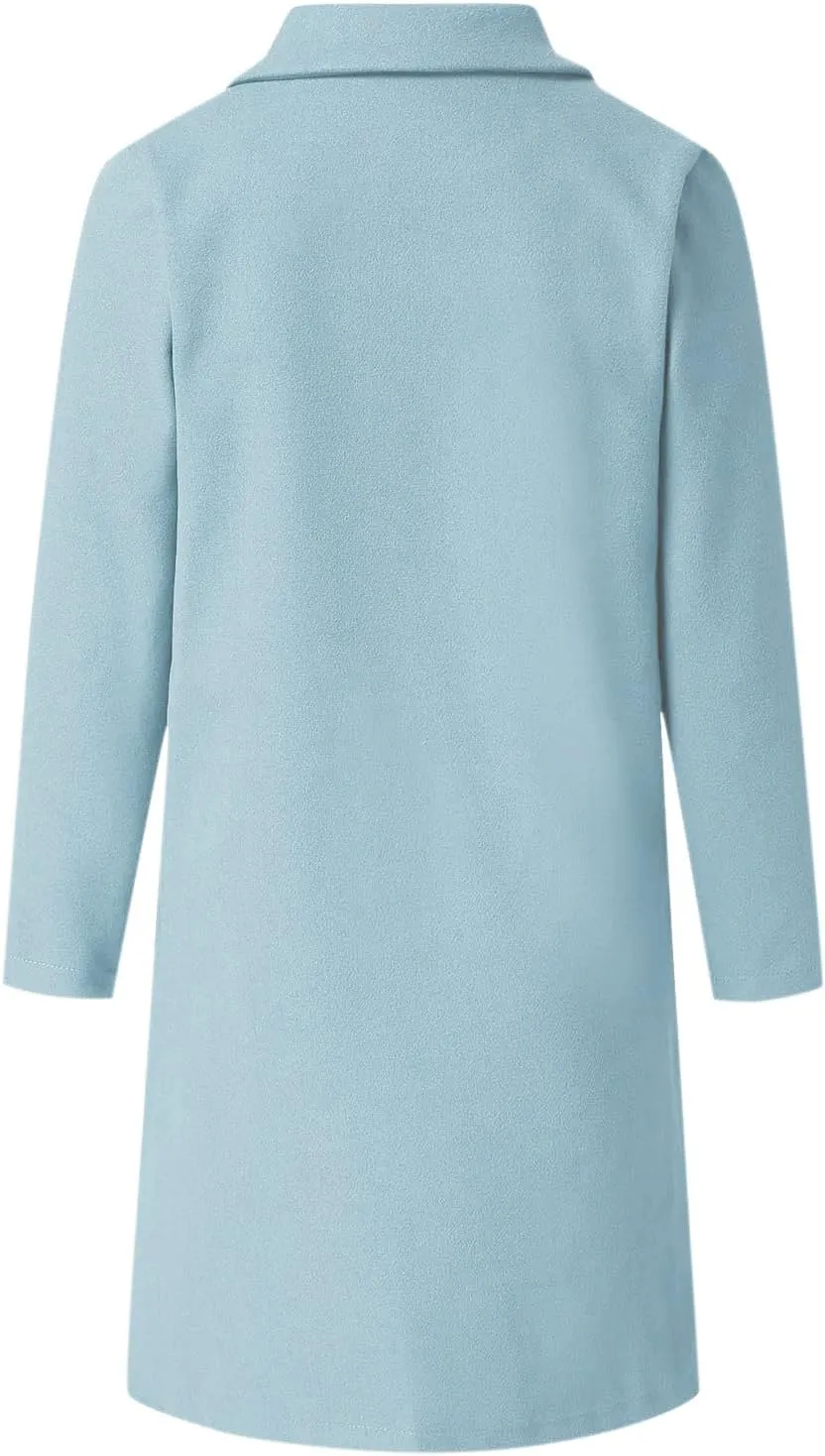 Womens Notch Lapel Cotton Blend Coat Winter Open Front Single Breasted Mid-Long Business Casual Blazers with Pockets