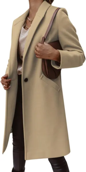 Womens Notch Lapel Cotton Blend Coat Winter Open Front Single Breasted Mid-Long Business Casual Blazers with Pockets