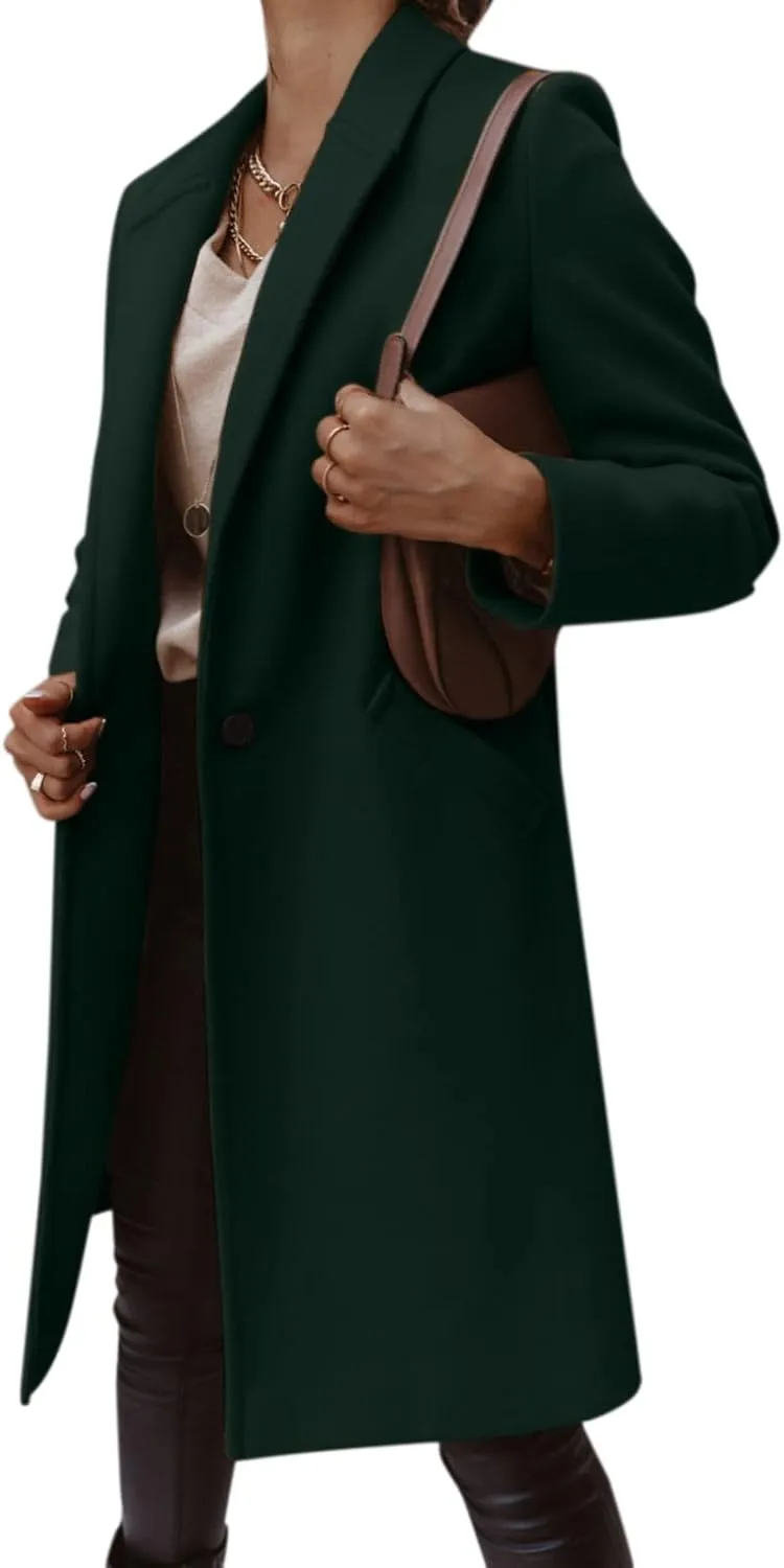 Womens Notch Lapel Cotton Blend Coat Winter Open Front Single Breasted Mid-Long Business Casual Blazers with Pockets