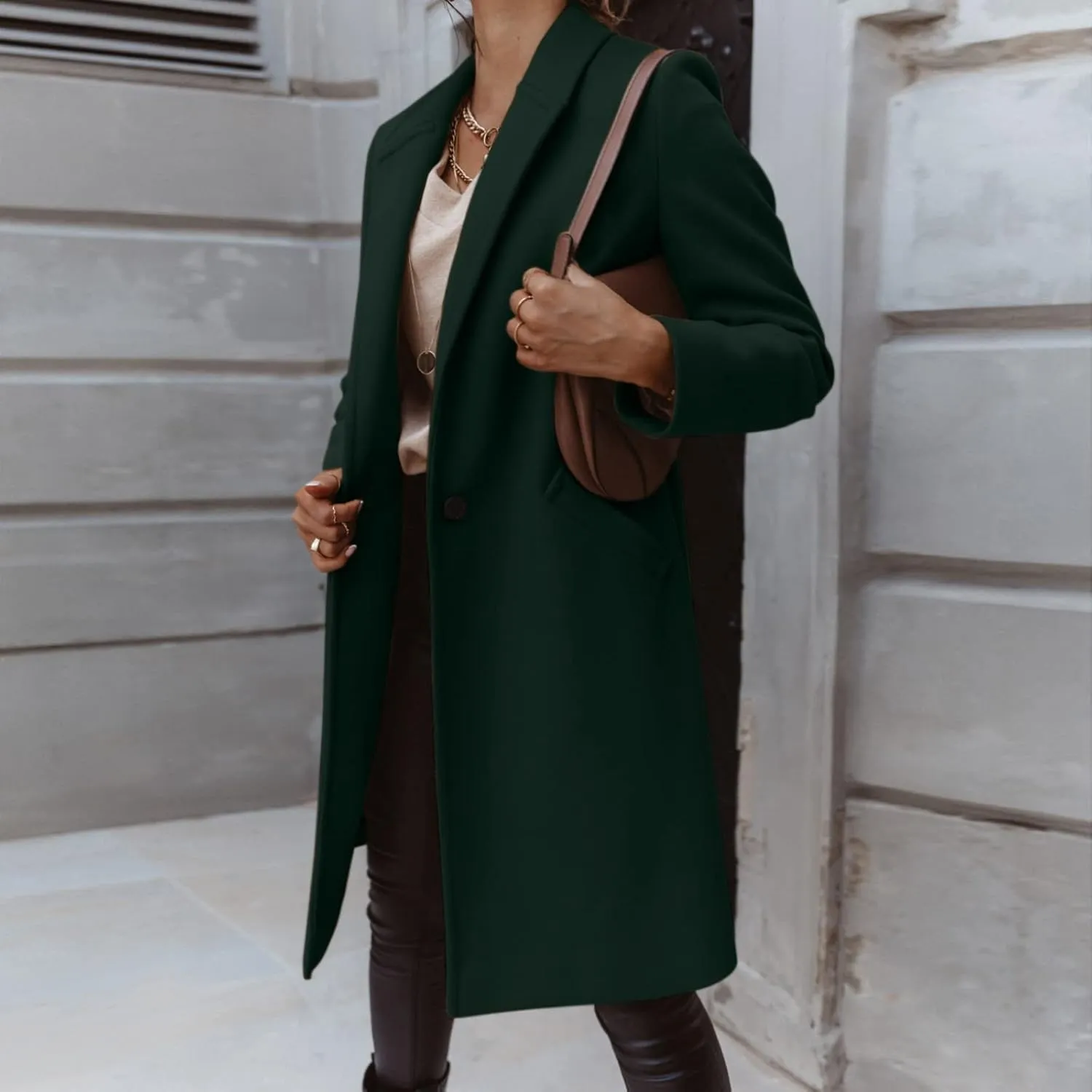 Womens Notch Lapel Cotton Blend Coat Winter Open Front Single Breasted Mid-Long Business Casual Blazers with Pockets