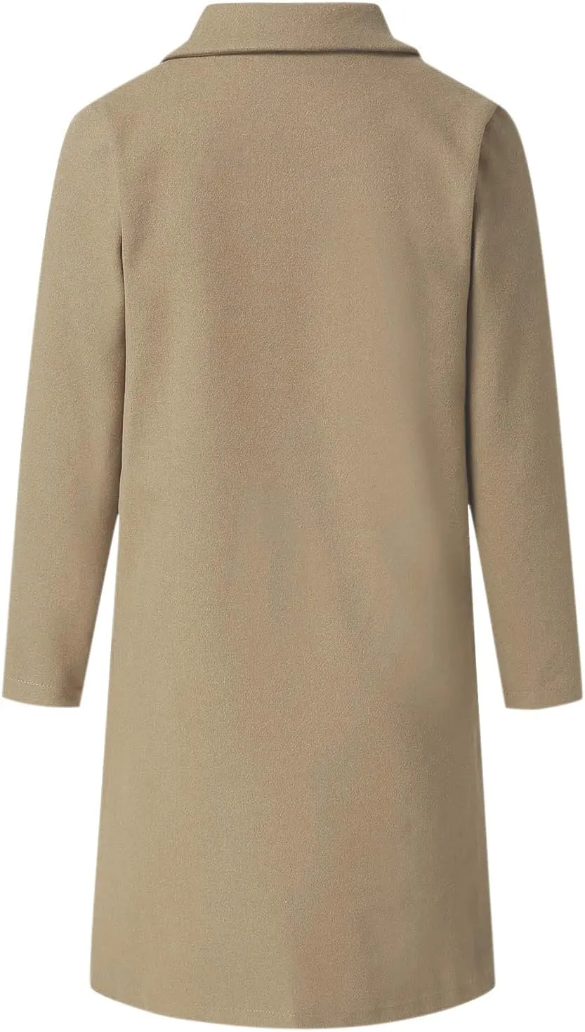 Womens Notch Lapel Cotton Blend Coat Winter Open Front Single Breasted Mid-Long Business Casual Blazers with Pockets