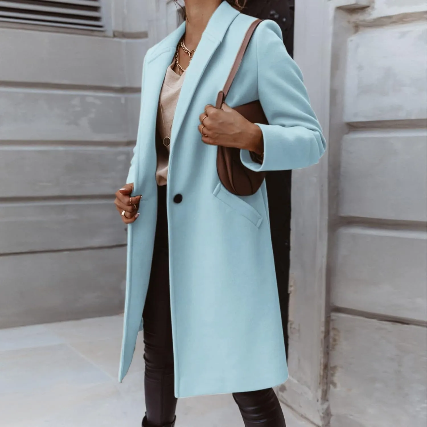 Womens Notch Lapel Cotton Blend Coat Winter Open Front Single Breasted Mid-Long Business Casual Blazers with Pockets