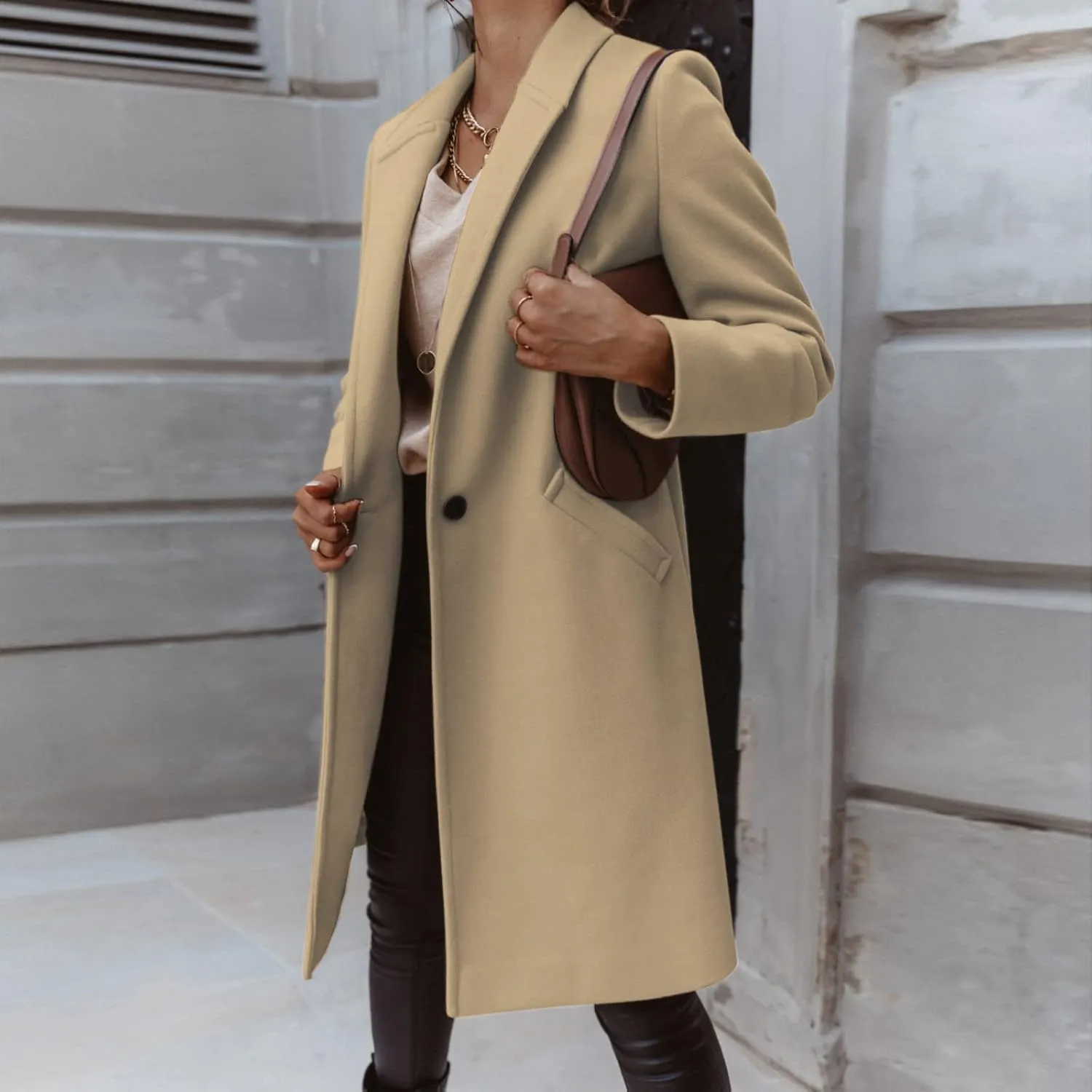 Womens Notch Lapel Cotton Blend Coat Winter Open Front Single Breasted Mid-Long Business Casual Blazers with Pockets