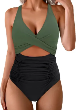 Women's One Piece Swimsuit Strapless Bandeau Bathing Suits Retro Bathing Suit Full Coverage Slimming Swimwear