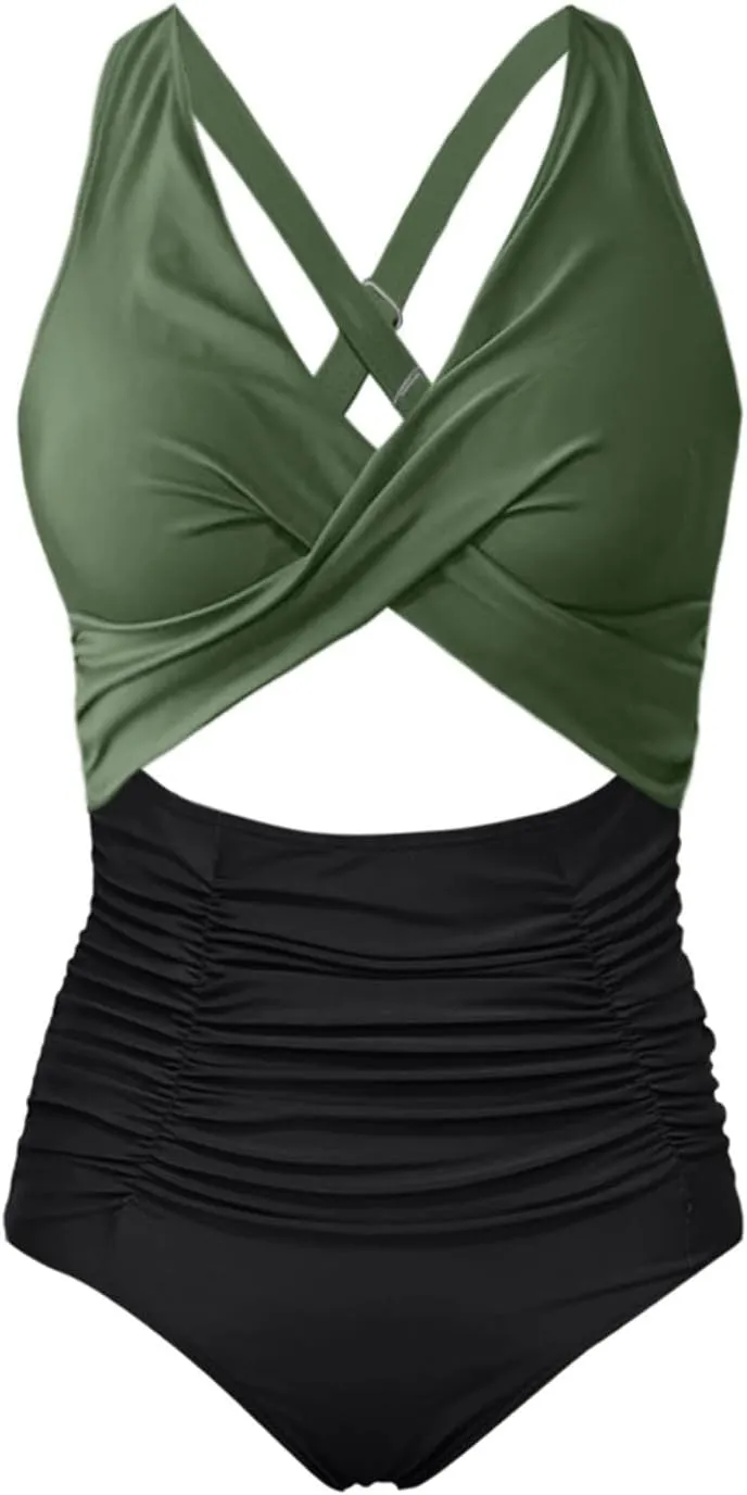 Women's One Piece Swimsuit Strapless Bandeau Bathing Suits Retro Bathing Suit Full Coverage Slimming Swimwear