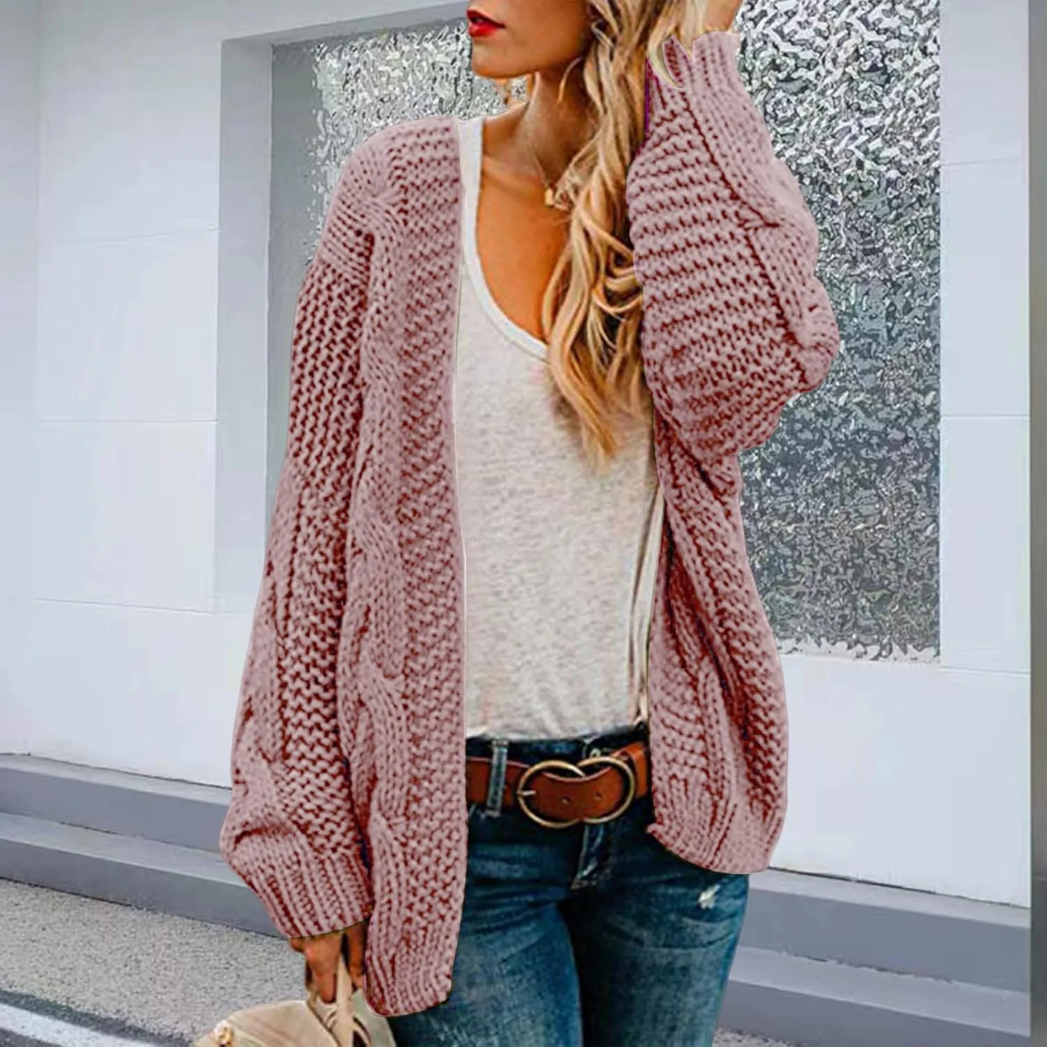 Womens Open Front Cardigan Sweaters Oversized Chunky Cable Knit Long Sleeve Cardigans Coats Outwear with Pockets