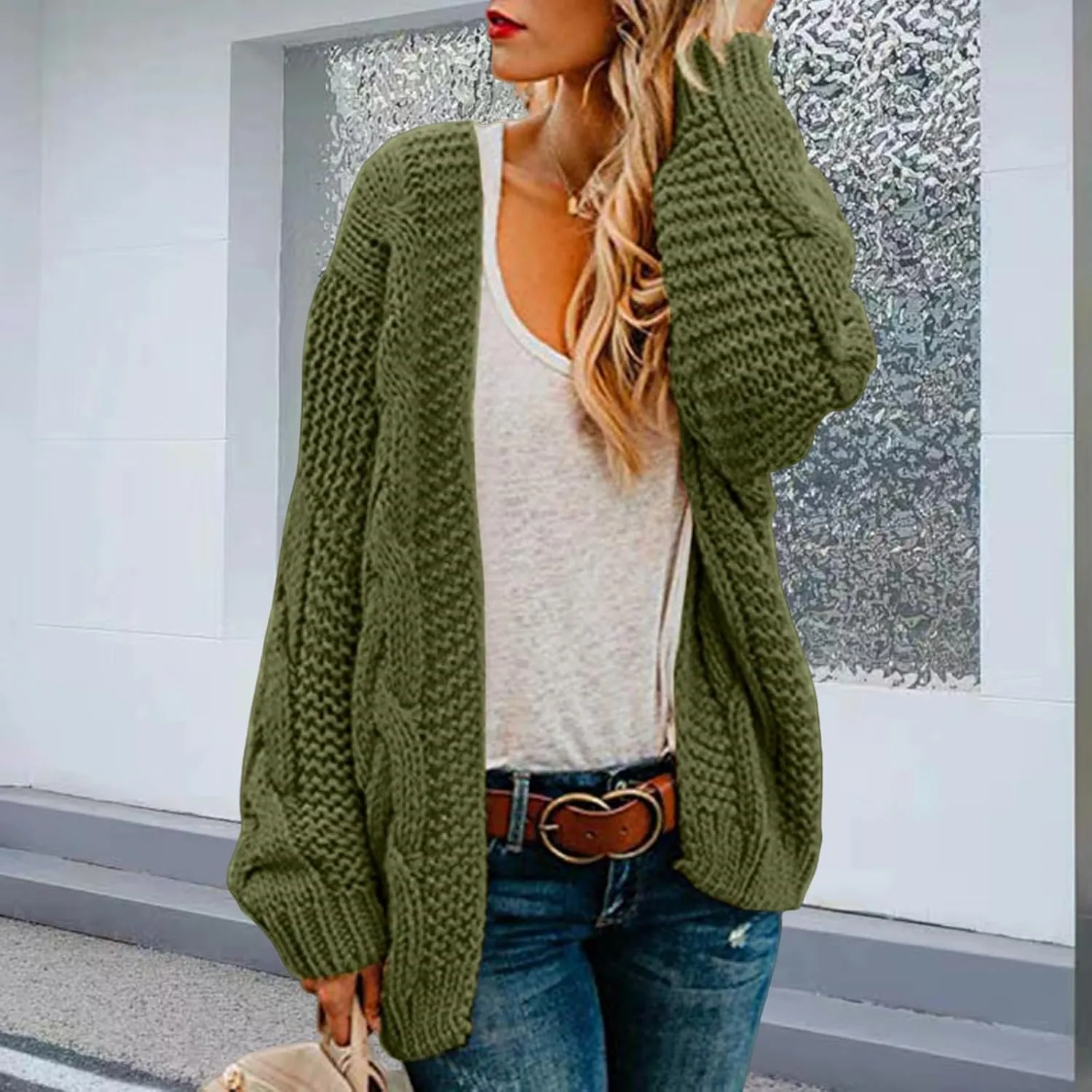 Womens Open Front Cardigan Sweaters Oversized Chunky Cable Knit Long Sleeve Cardigans Coats Outwear with Pockets