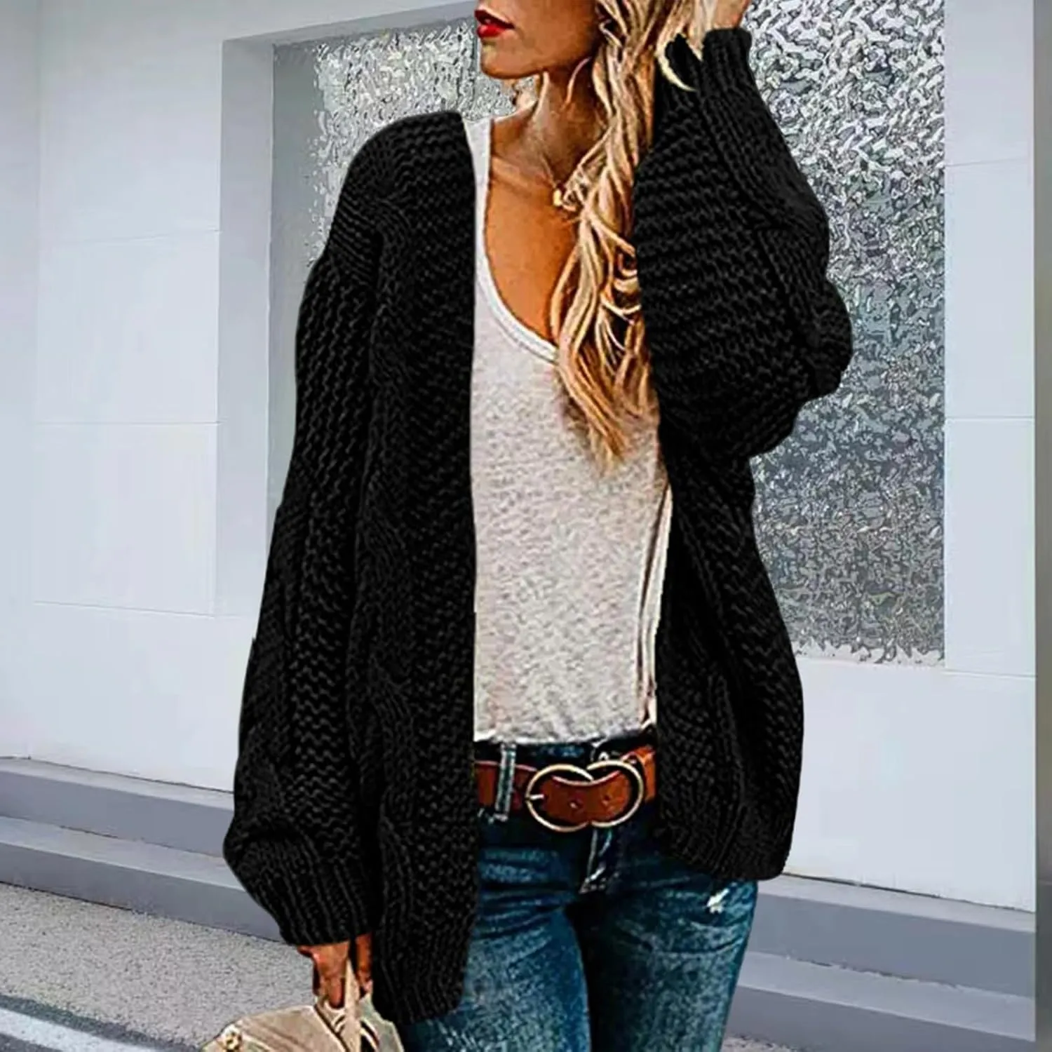 Womens Open Front Cardigan Sweaters Oversized Chunky Cable Knit Long Sleeve Cardigans Coats Outwear with Pockets