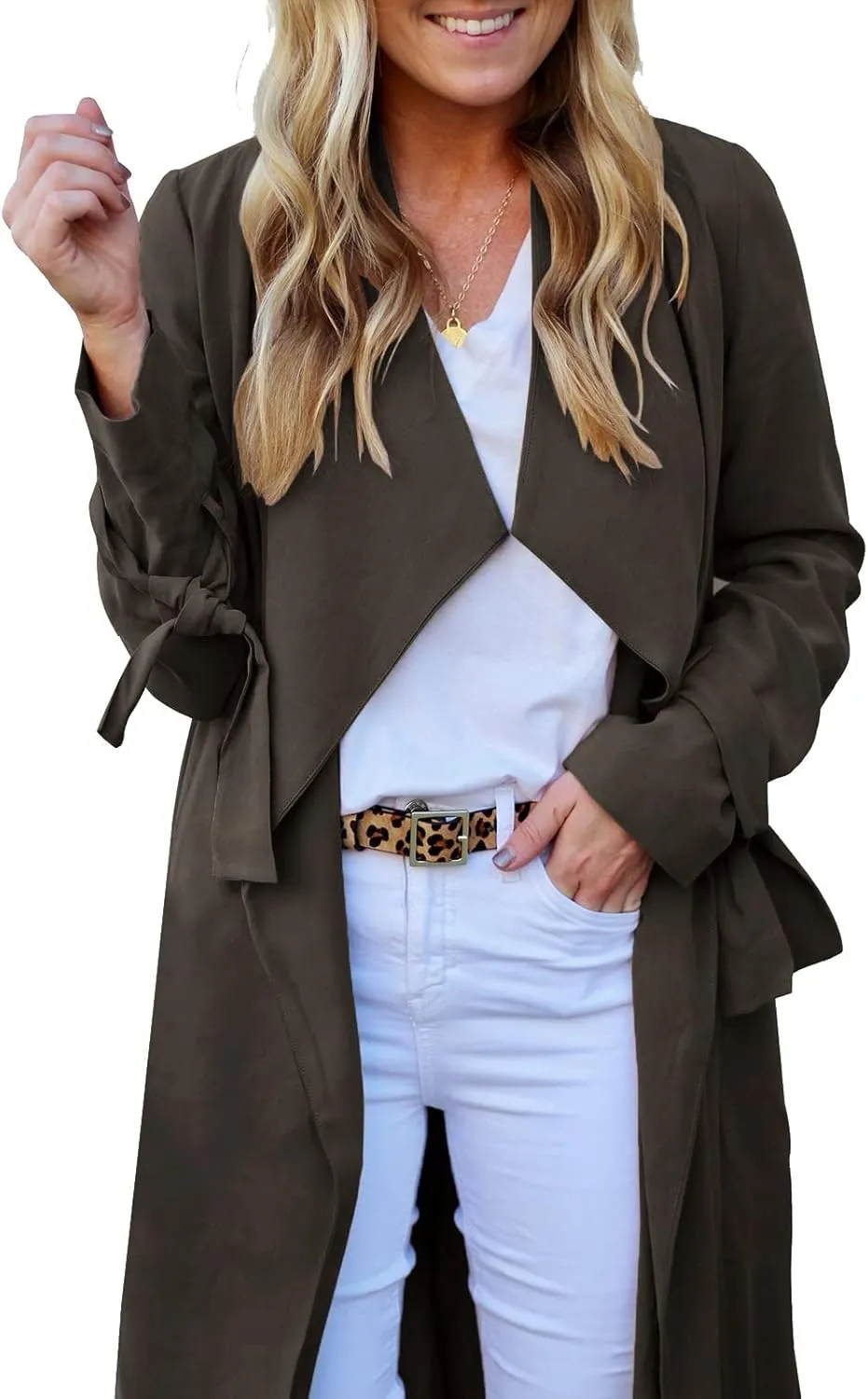 Women's Open Front Long Trench Coats Long Sleeve Slim Casual Pockted Windproof Overcoat with Belt Women Zip Down