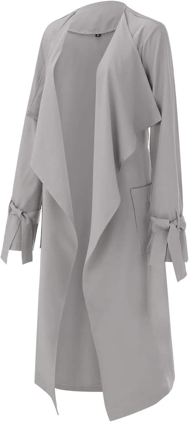 Women's Open Front Long Trench Coats Long Sleeve Slim Casual Pockted Windproof Overcoat with Belt Women Zip Down