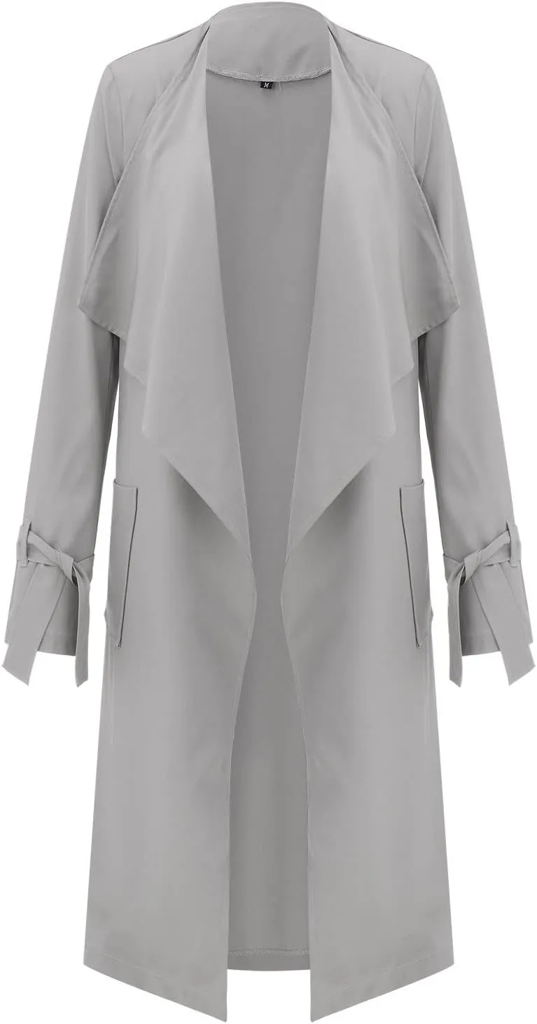 Women's Open Front Long Trench Coats Long Sleeve Slim Casual Pockted Windproof Overcoat with Belt Women Zip Down