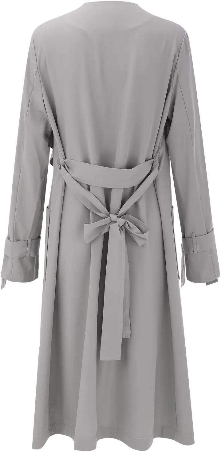 Women's Open Front Long Trench Coats Long Sleeve Slim Casual Pockted Windproof Overcoat with Belt Women Zip Down