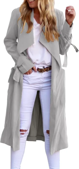 Women's Open Front Long Trench Coats Long Sleeve Slim Casual Pockted Windproof Overcoat with Belt Women Zip Down