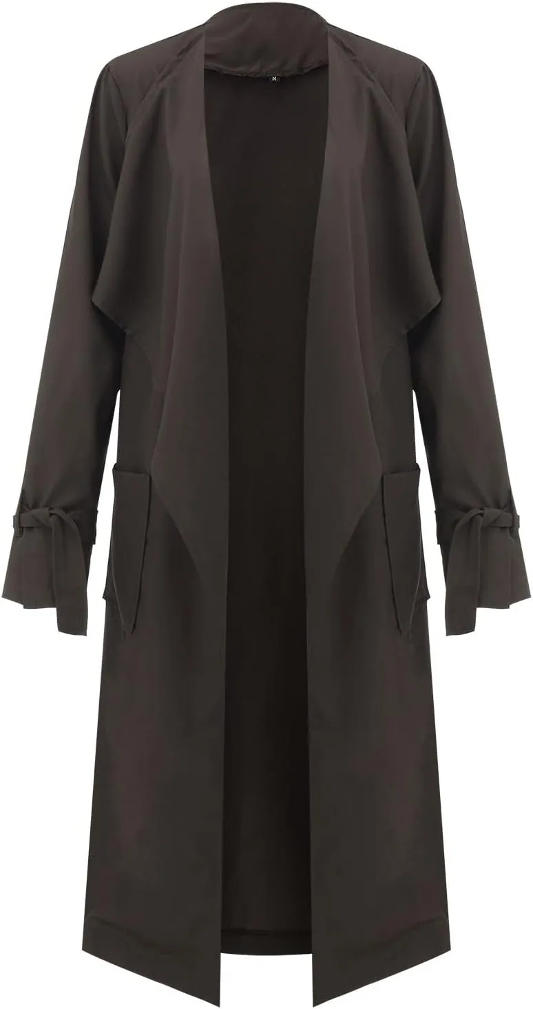 Women's Open Front Long Trench Coats Long Sleeve Slim Casual Pockted Windproof Overcoat with Belt Women Zip Down