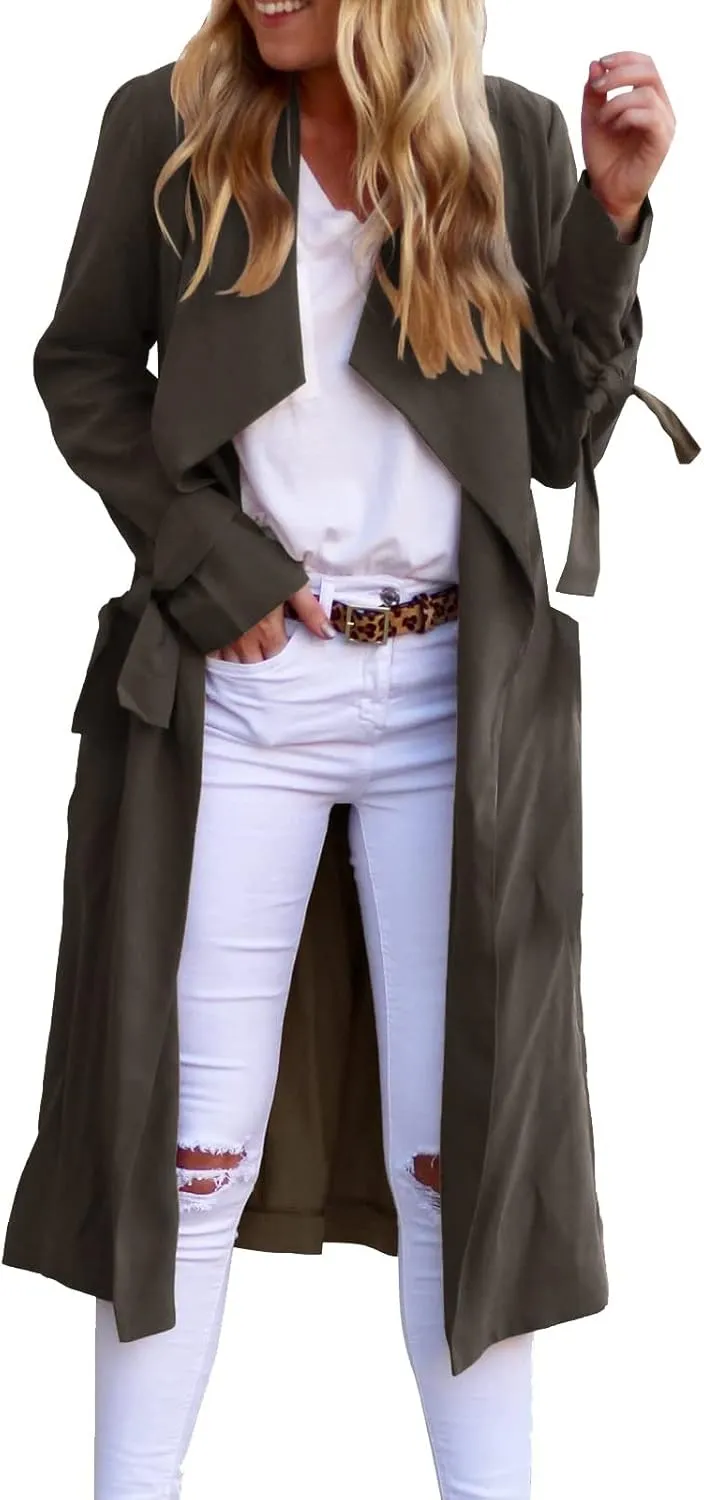 Women's Open Front Long Trench Coats Long Sleeve Slim Casual Pockted Windproof Overcoat with Belt Women Zip Down