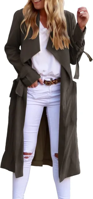 Women's Open Front Long Trench Coats Long Sleeve Slim Casual Pockted Windproof Overcoat with Belt Women Zip Down