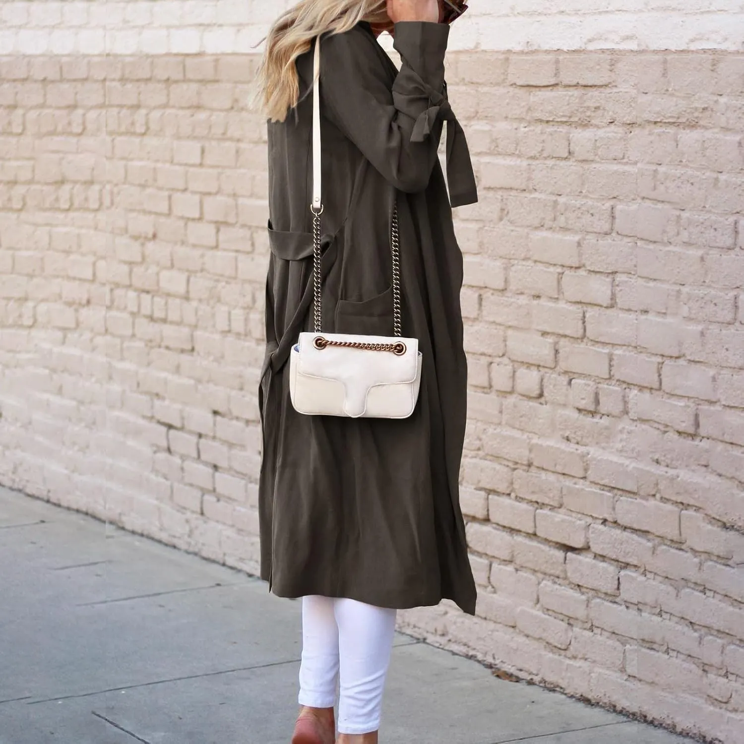 Women's Open Front Long Trench Coats Long Sleeve Slim Casual Pockted Windproof Overcoat with Belt Women Zip Down