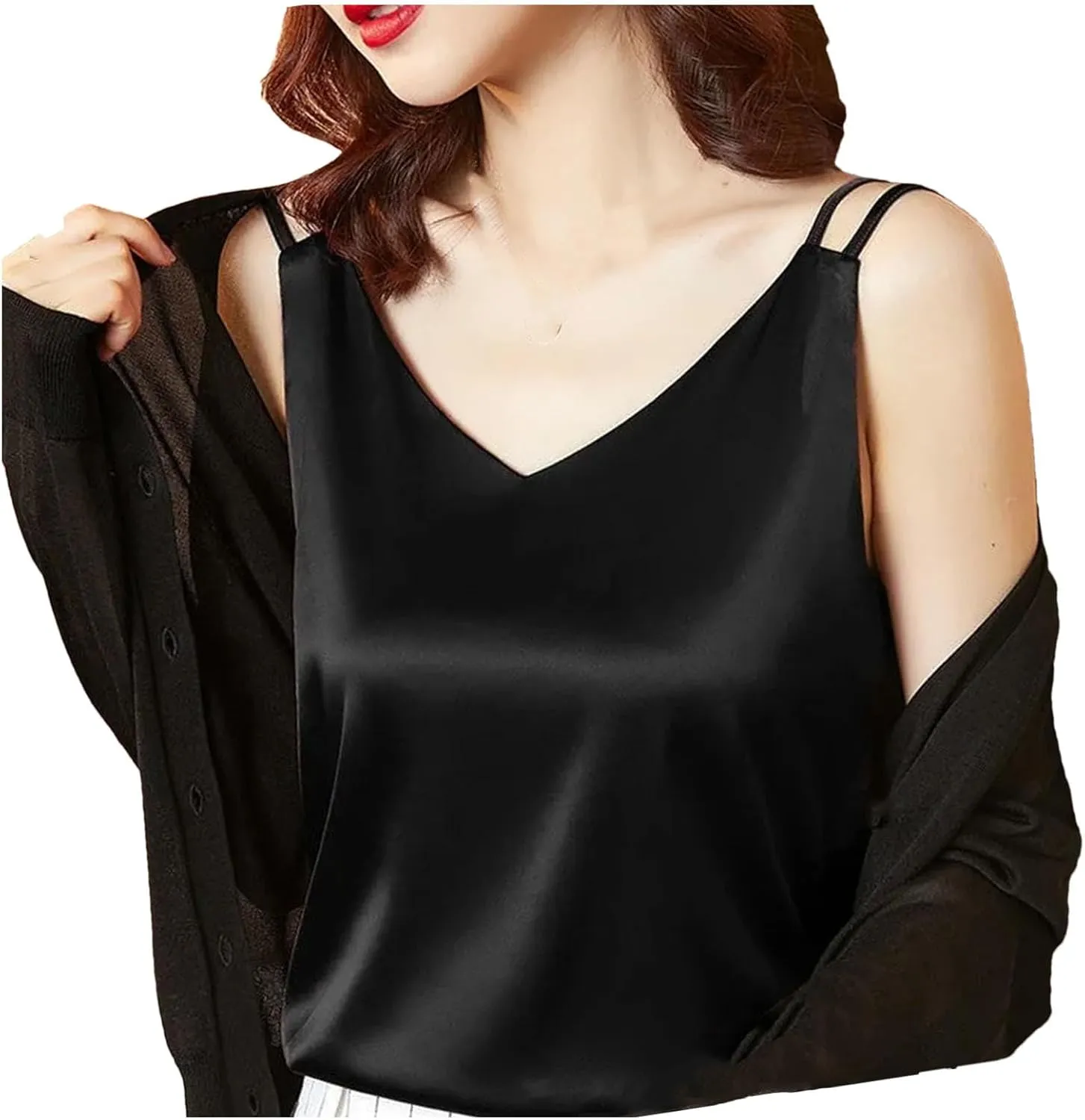 Women's Oversized Camisole Outside V-Neck With Sleeveless Vest Satin Bottom Tops