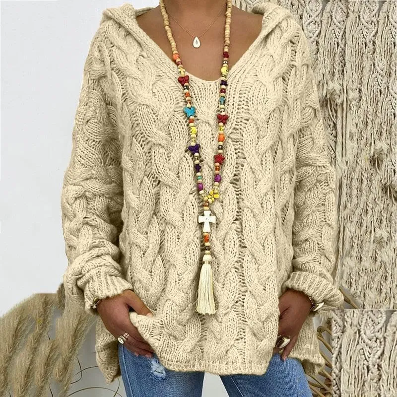 Women's Oversized Chunky Cable Knit Pullover Hooded Sweaters V Neck Long Sleeve Loose Hoodies