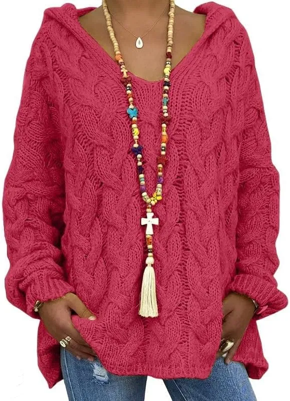 Women's Oversized Chunky Cable Knit Pullover Hooded Sweaters V Neck Long Sleeve Loose Hoodies