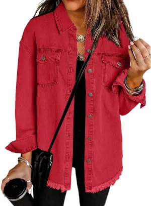 Women's Oversized Denim Jacket Lightweight Button Down Long Jean Jacket Casual Boyfriend Distresse Jacket Coats