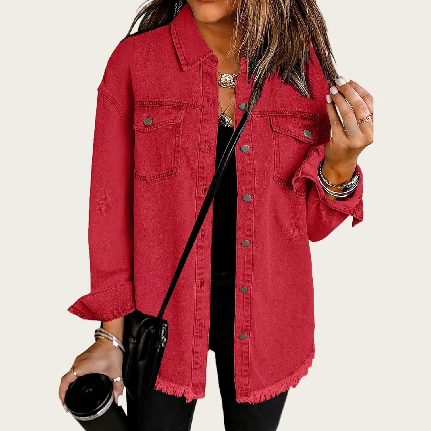 Women's Oversized Denim Jacket Lightweight Button Down Long Jean Jacket Casual Boyfriend Distresse Jacket Coats