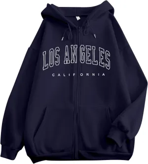 Women's Oversized Hoodies Zip up LOS ANGELES Printed Preppy Pullover Y2K Fleece Casual Jackets 2024 Winter Outwear