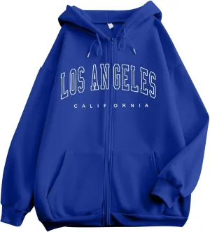 Women's Oversized Hoodies Zip up LOS ANGELES Printed Preppy Pullover Y2K Fleece Casual Jackets 2024 Winter Outwear