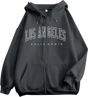 Women's Oversized Hoodies Zip up LOS ANGELES Printed Preppy Pullover Y2K Fleece Casual Jackets 2024 Winter Outwear