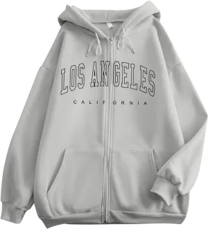 Women's Oversized Hoodies Zip up LOS ANGELES Printed Preppy Pullover Y2K Fleece Casual Jackets 2024 Winter Outwear