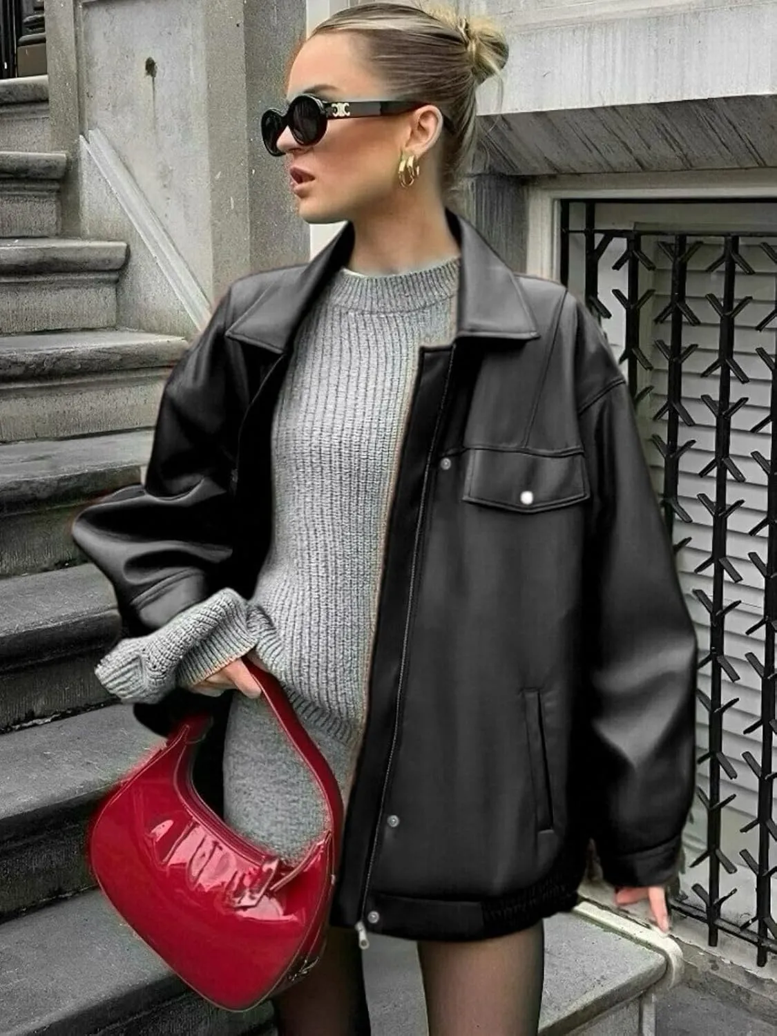 Womens Oversized Leather Jackets Faux Zip Up Motorcycle Bomber Coat Fall Trendy Winter Outfits