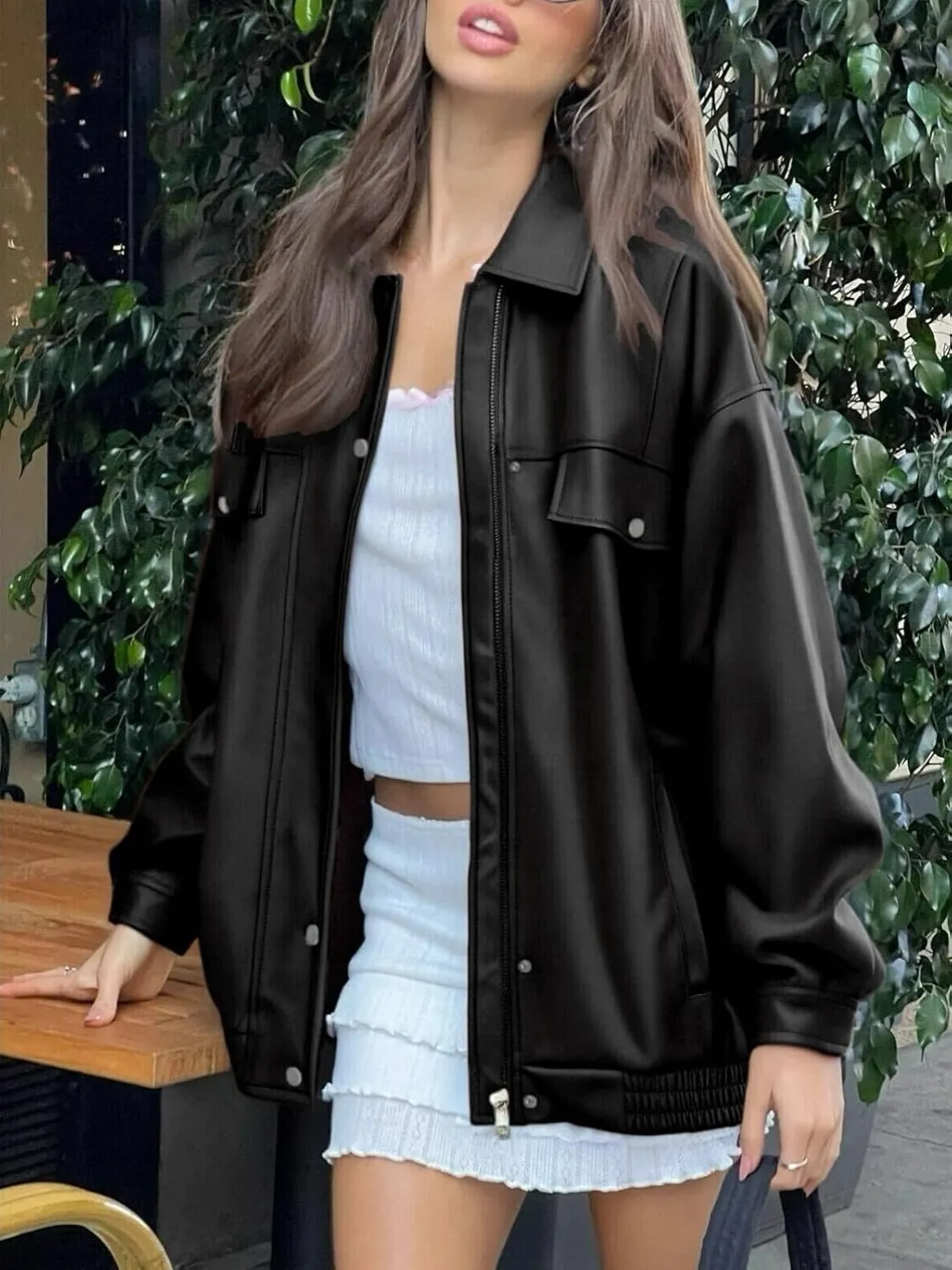 Womens Oversized Leather Jackets Faux Zip Up Motorcycle Bomber Coat Fall Trendy Winter Outfits